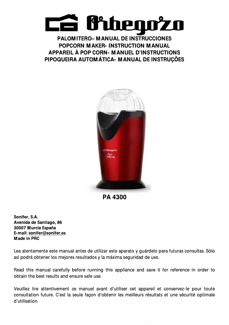 Page 1 de la notice Manuel utilisateur Orbegozo PA 4300