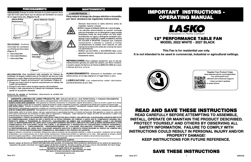 Page 1 de la notice Manuel utilisateur Lasko 2027