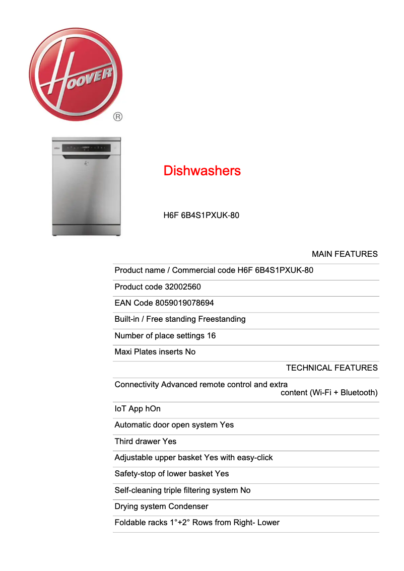 Page 1 de la notice Fiche technique Hoover H6F 6B4S1PXUK-80