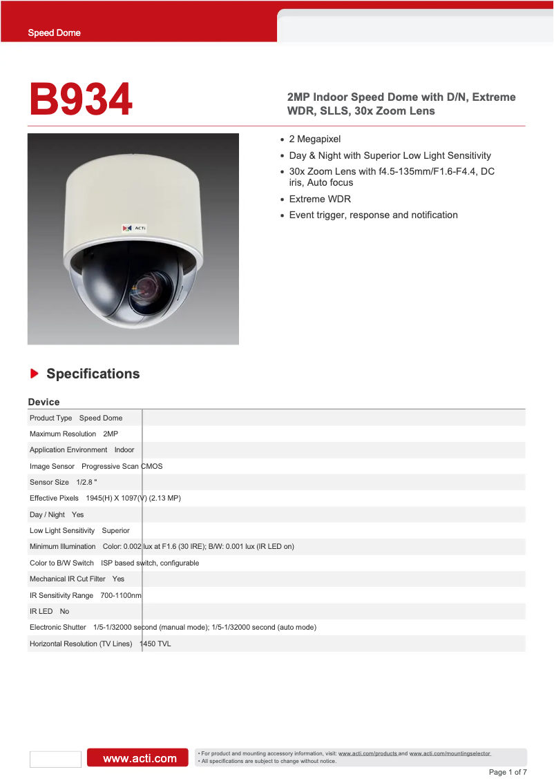 Page 1 de la notice Fiche technique ACTi B934