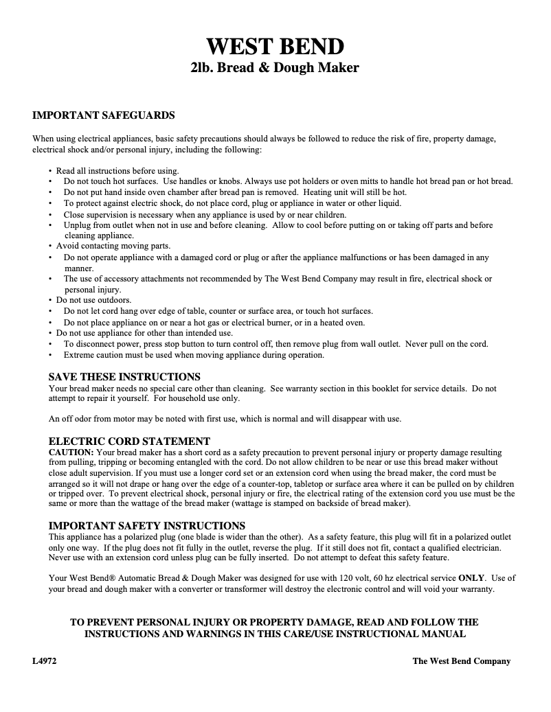 Page 1 de la notice Manuel utilisateur WestBend 41042