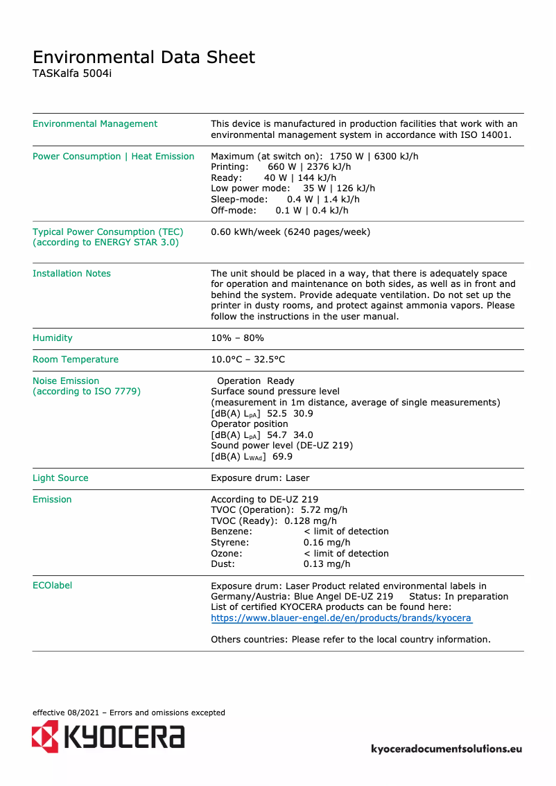 Page 1 de la notice Fiche technique Kyocera TASKalfa 5004i