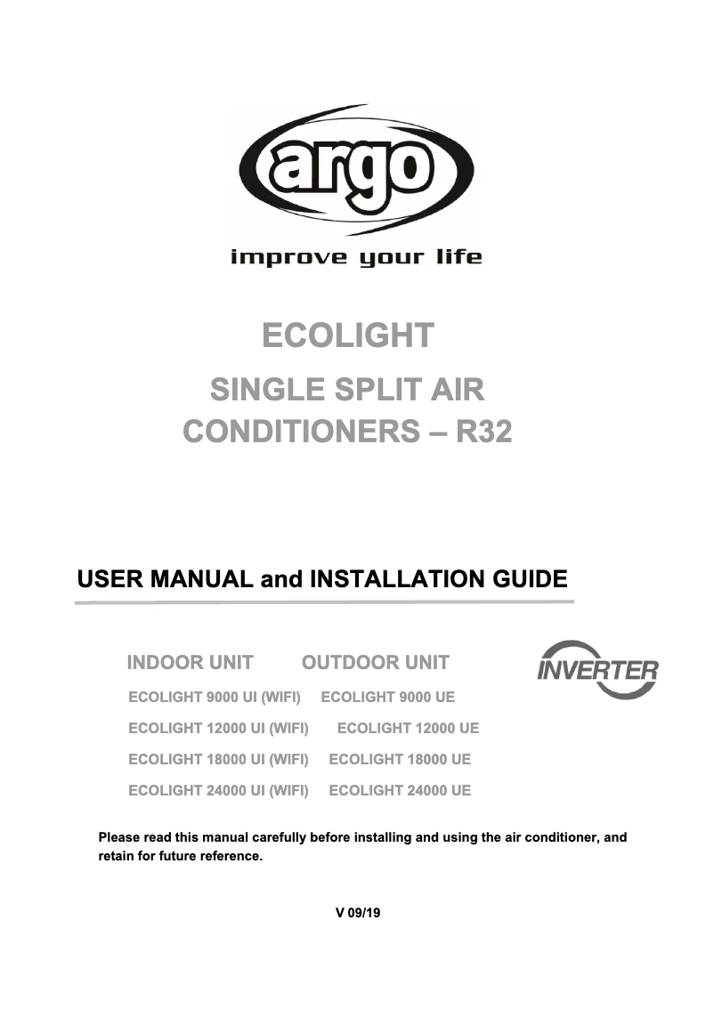 Page 1 de la notice Manuel utilisateur Argoclima ECOLIGHT 24000 UE