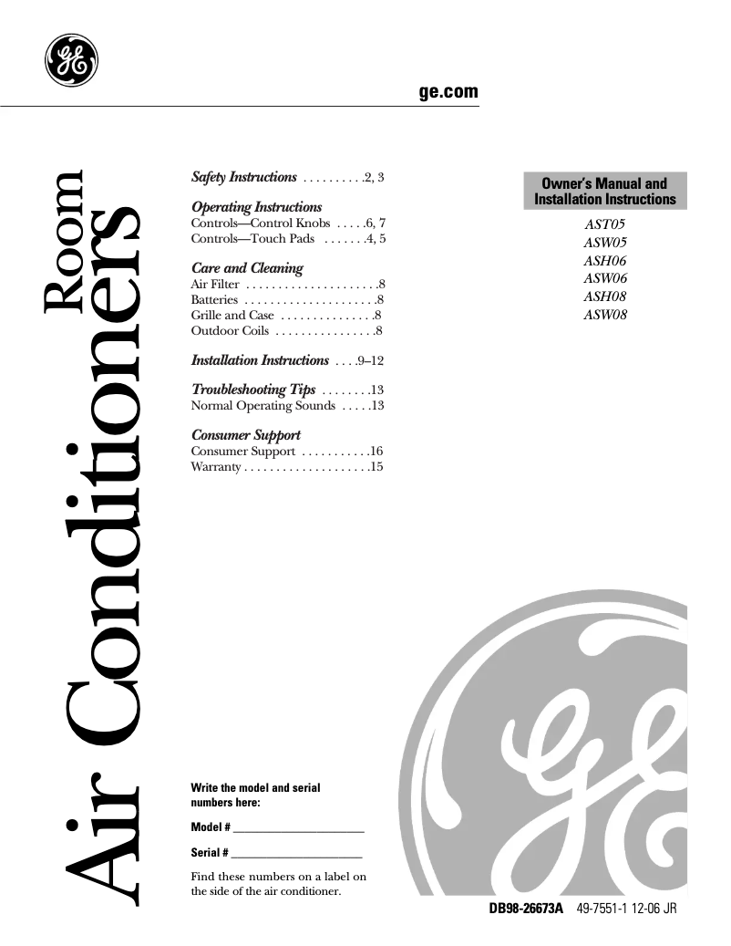 Página 1 del manual Guía de instalación GE ASW08FK