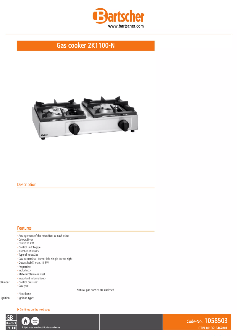 Page 1 de la notice Fiche technique Bartscher 2K1100-N