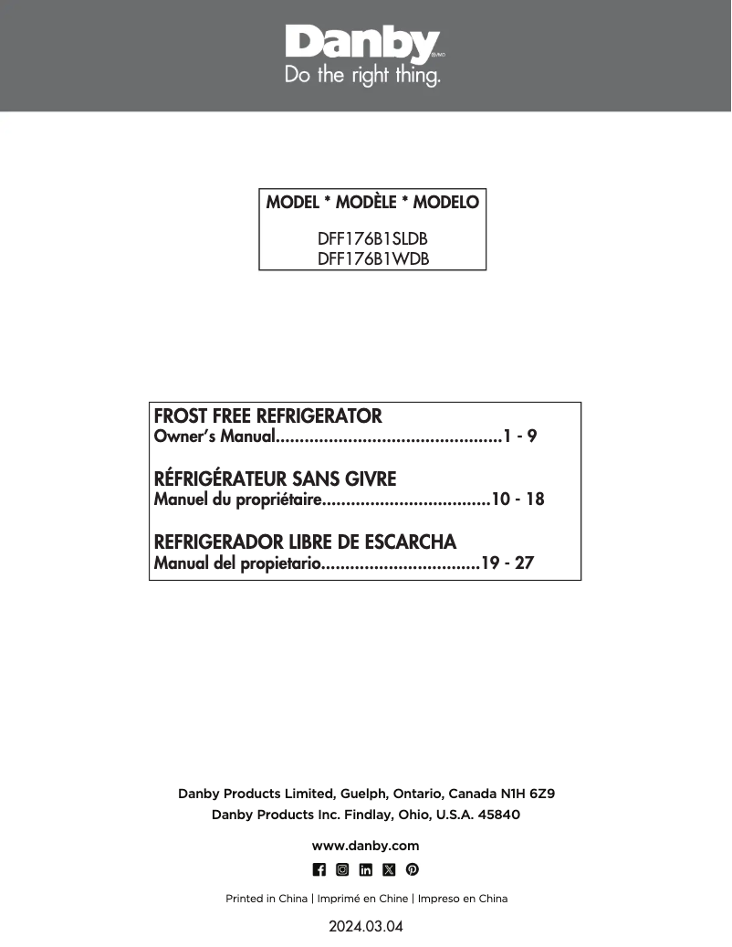 Page 1 de la notice Manuel utilisateur Danby DFF176B1SLDB
