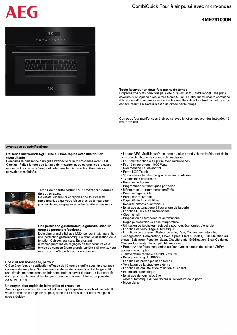 Page 1 de la notice Fiche technique AEG KME761000B