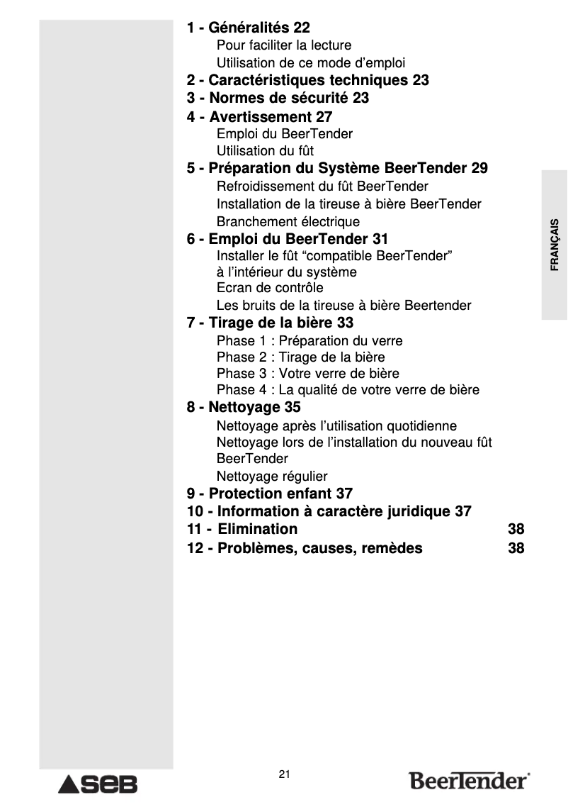 Page 1 de la notice Manuel utilisateur SEB BeerTender VB21