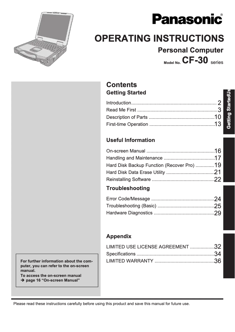 Page 1 de la notice Manuel utilisateur Panasonic Toughbook CF-30G