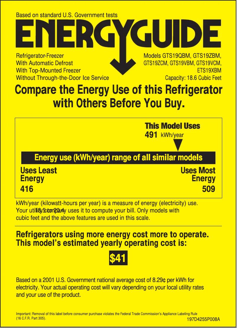Page n°1 - Label énergétique GE GTS19QBMBB