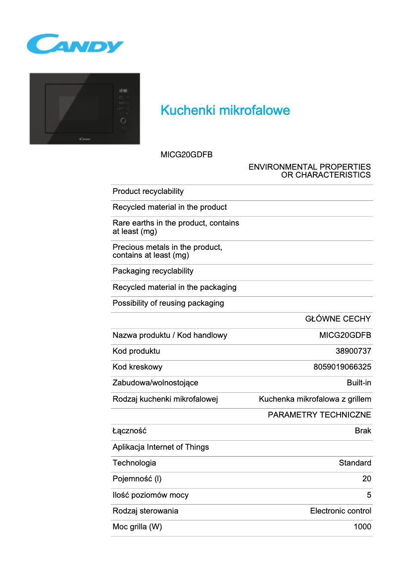 Page 1 of the manual Technical Sheet Candy MICG20GDFB