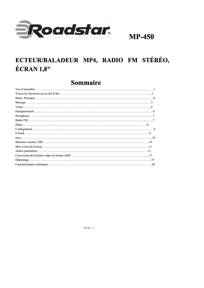 Page 1 of the manual User Manual Roadstar MP-450