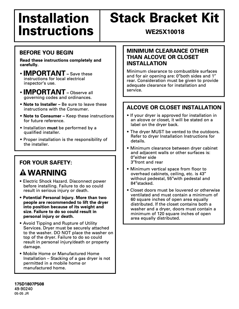 Página 1 del manual Guía de instalación GE Adora DHDVH52EFWW