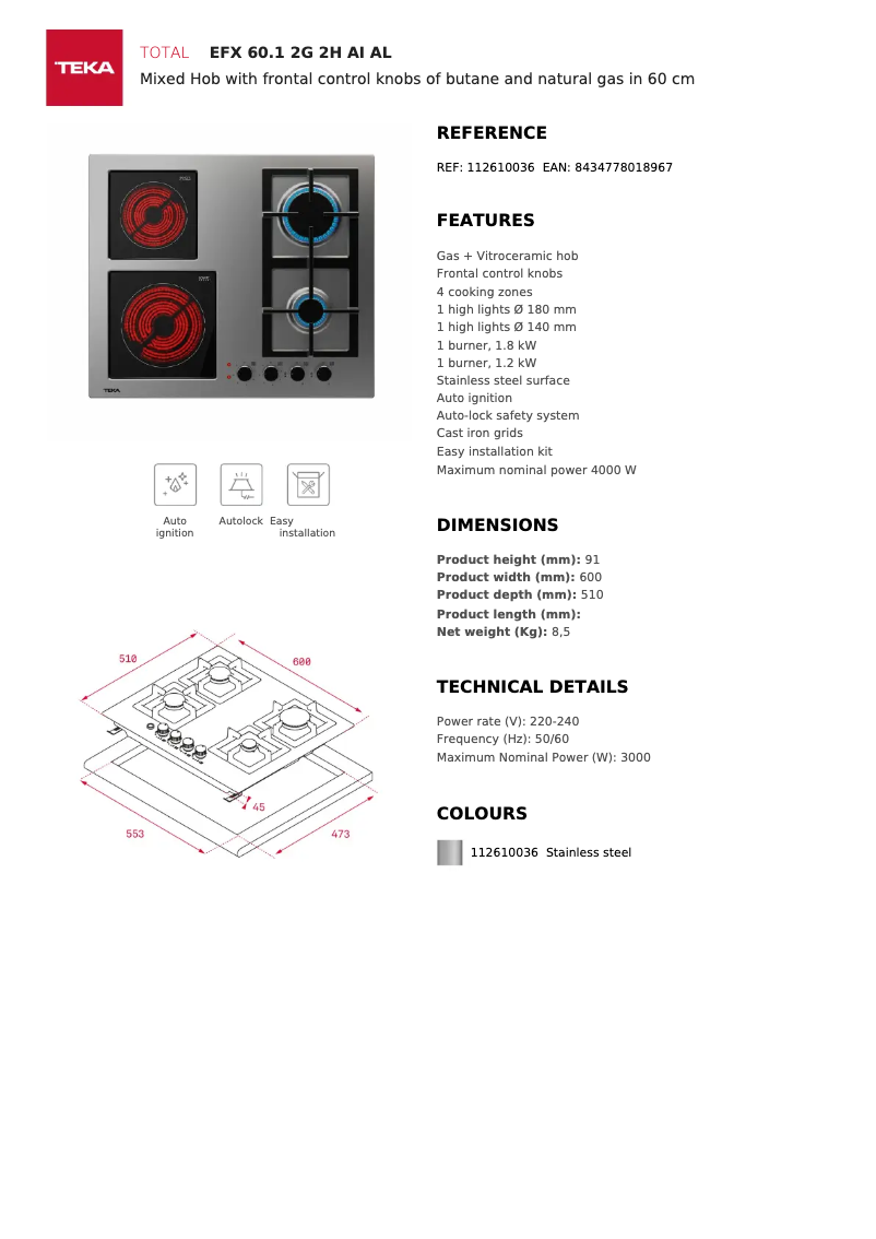 Page 1 de la notice Fiche technique Teka EFX 70 5G AI AL DR
