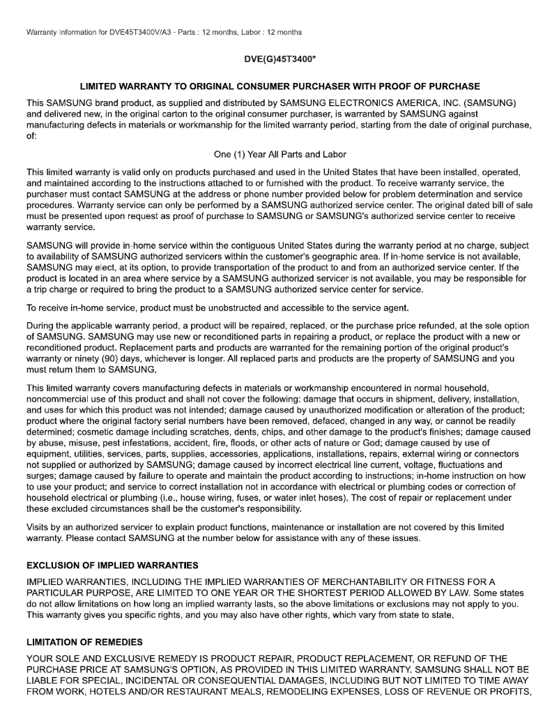 Página 1 del manual Información de garantía Samsung DVE45T3400V