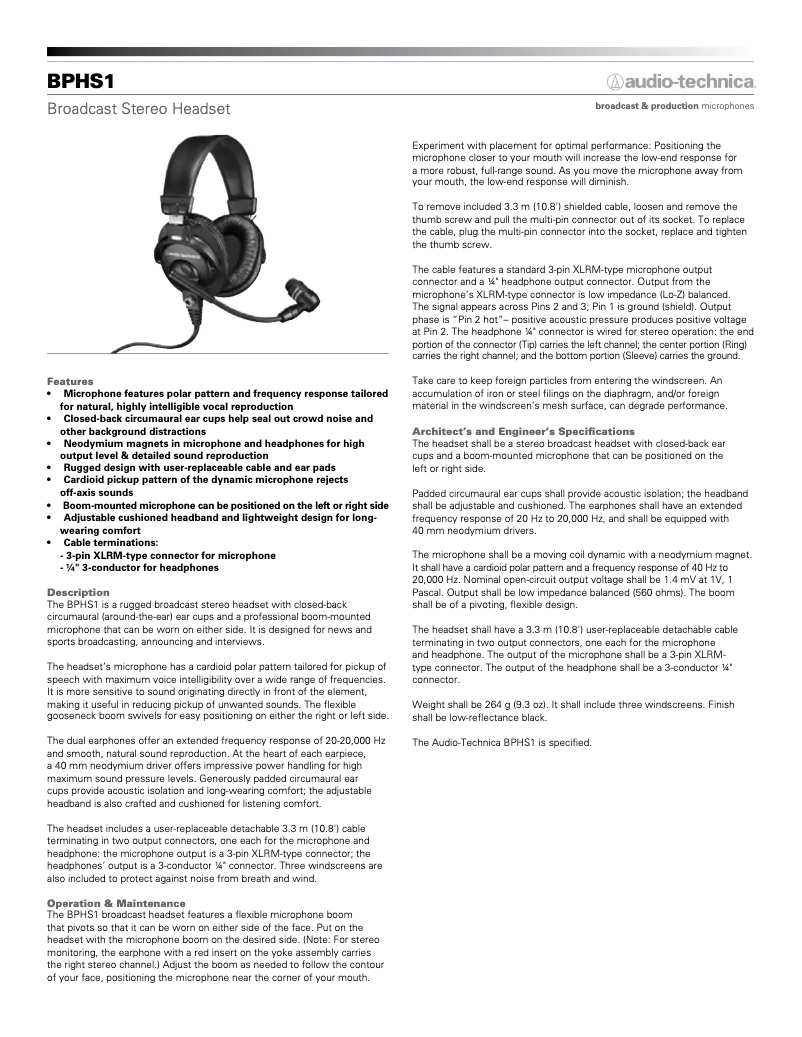 Page 1 de la notice Manuel utilisateur Audio-Technica BPHS1 headset