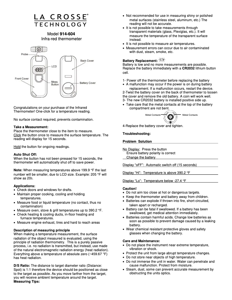 Page 1 of the manual Instruction Manual La Crosse Technology 914-604