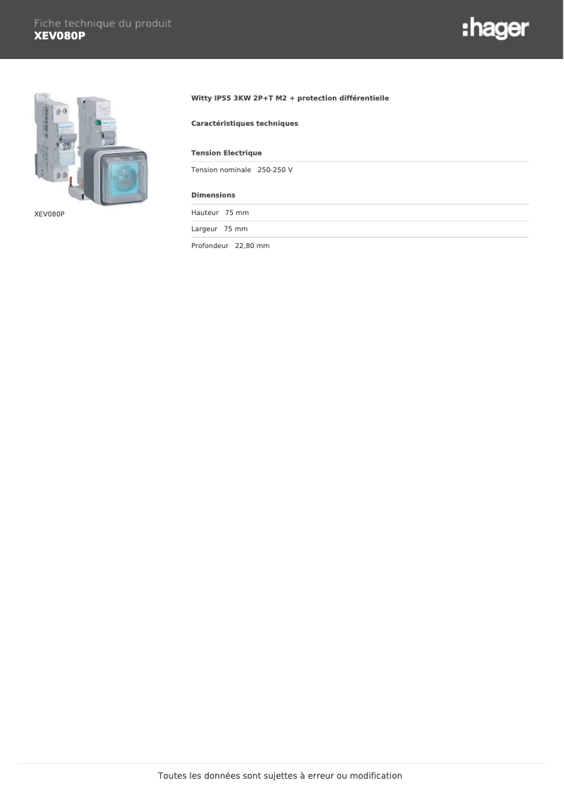 Page 1 of the manual Technical Sheet Hager XEV080P