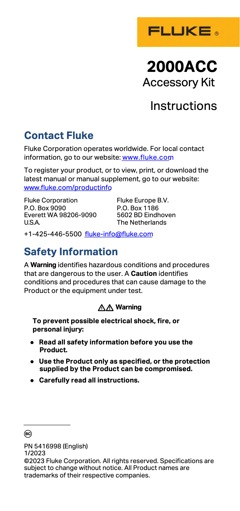 Page 1 de la notice Manuel utilisateur Fluke 2000ACC