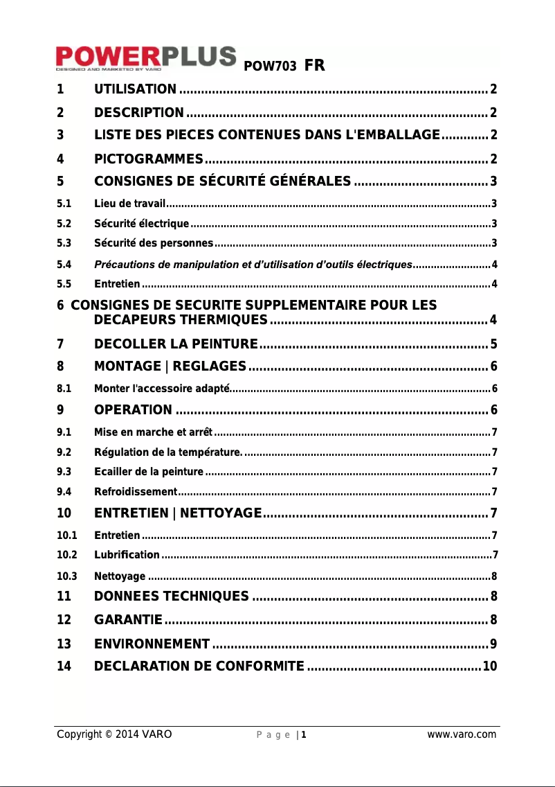 Page 1 de la notice Manuel utilisateur PowerPlus POW703