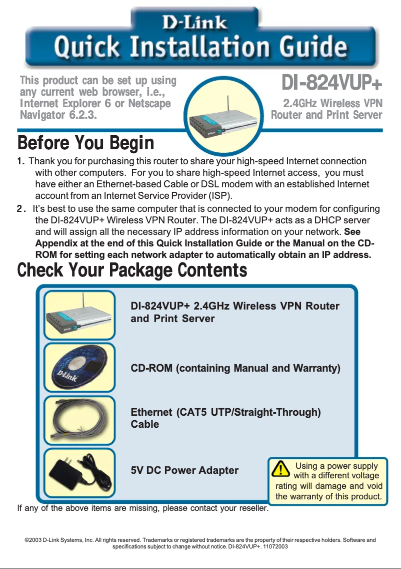Page 1 de la notice Guide d'installation D-Link AirPlus Xtreme G DI-824VUP
