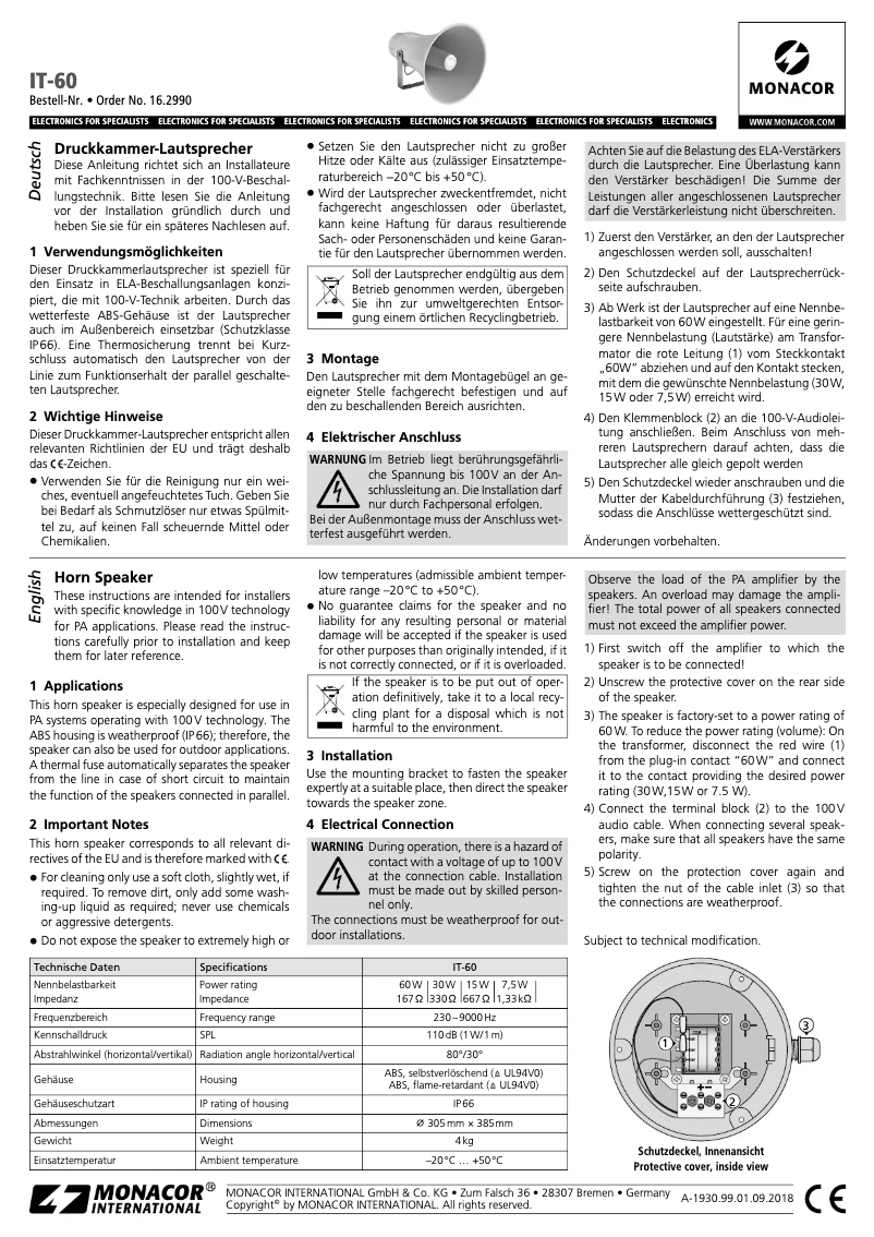 Page 1 de la notice Manuel utilisateur Monacor IT-60