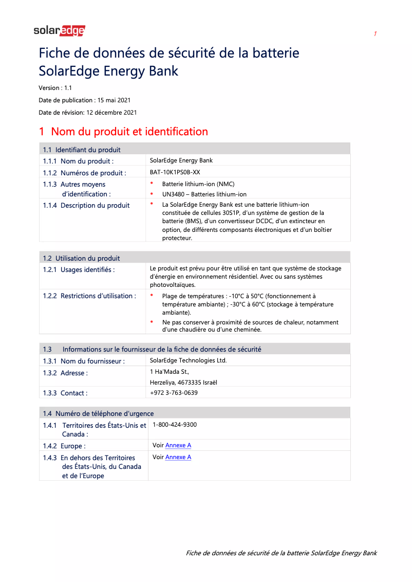 Page 1 de la notice Manuel utilisateur SolarEdge IAC-RBAT-FLRSTD-01