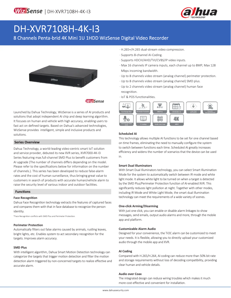 Page 1 de la notice Fiche technique Dahua Technology XVR7108H-4K-I3