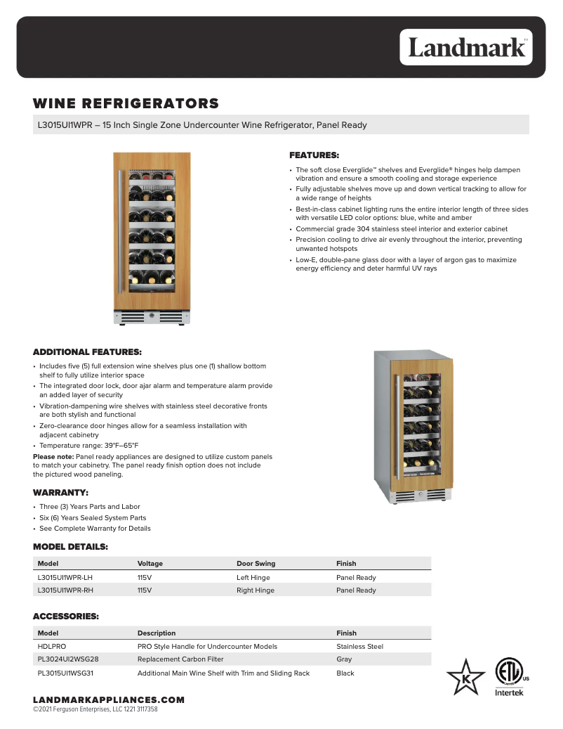 Page 1 de la notice Fiche technique Landmark L3015UI1WPR-LH