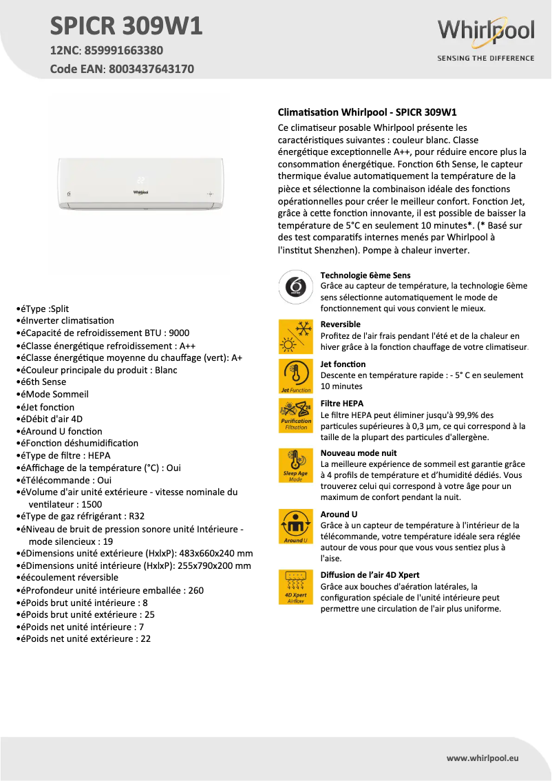 Página 1 del manual Ficha técnica Whirlpool SPICR 309W1