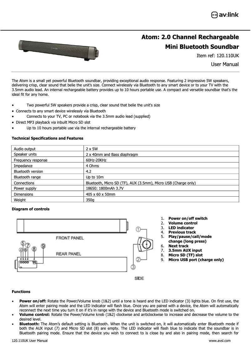 Page 1 de la notice Manuel utilisateur AV:link 120.110UK