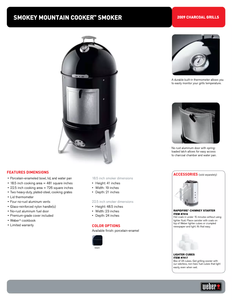 Page 1 de la notice Fiche technique Weber Smokey Mountain Cooker