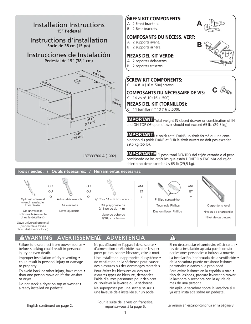 Page 1 de la notice Guide d'installation Frigidaire CFPWD15R
