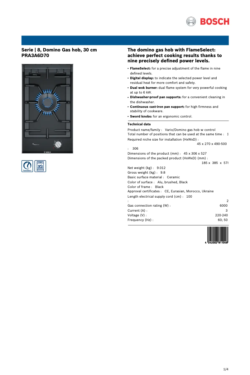 Page 1 de la notice Fiche technique Bosch PRA3A6D70