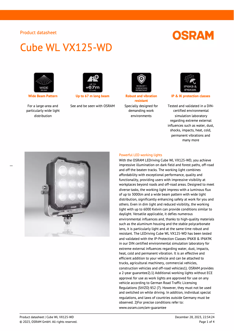 Page 1 de la notice Fiche technique Osram VX125-WD