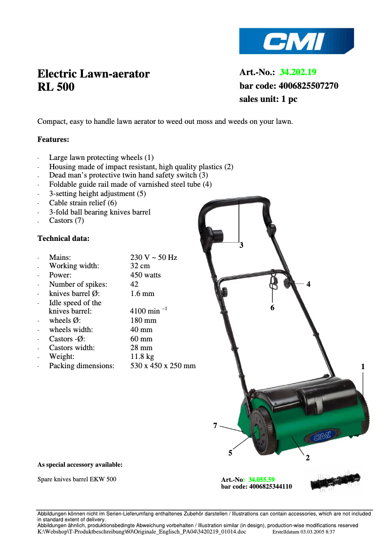 Page 1 of the manual Technical Sheet CMI RL 500