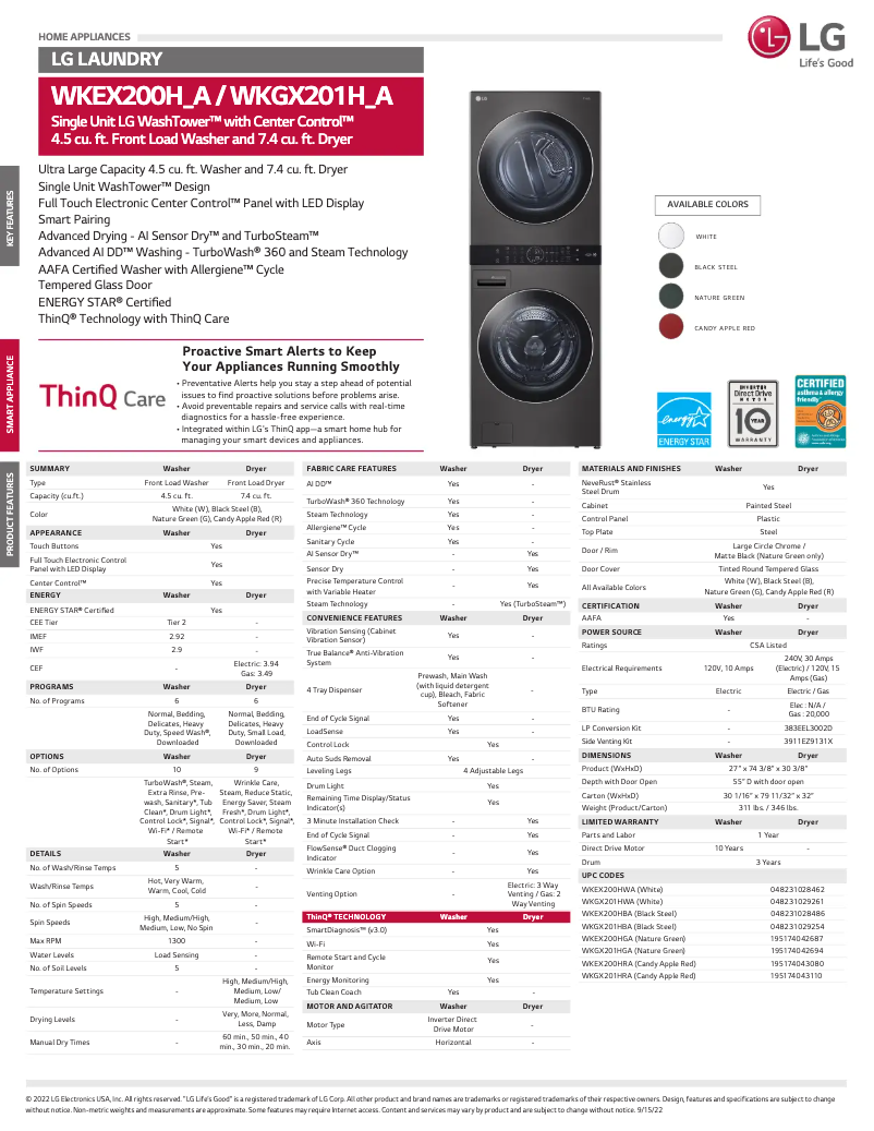 Página 1 del manual Ficha técnica LG WKGX201HGA