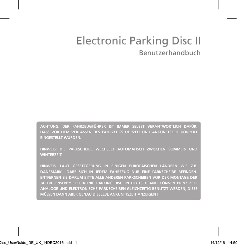 Page 1 de la notice Manuel utilisateur Jacob Jensen Electronic Parking Disc II