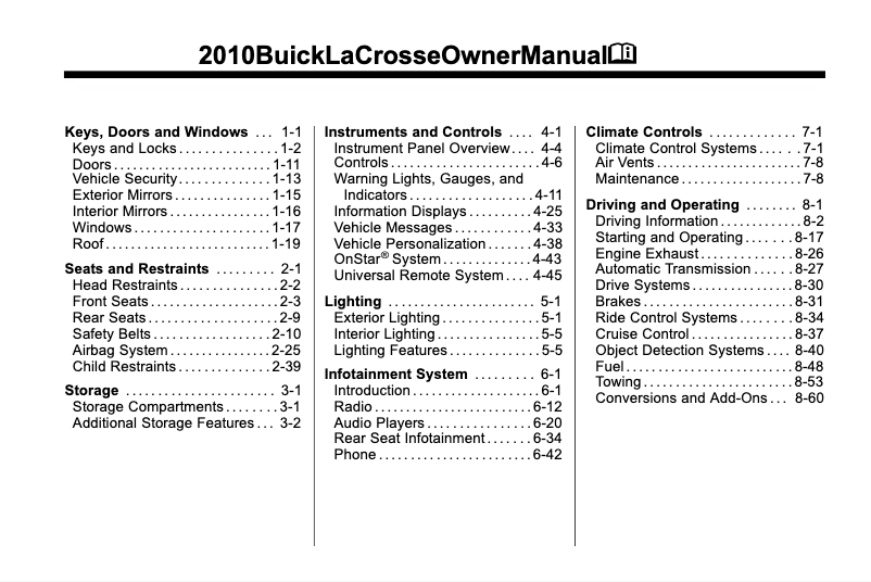 Page 1 de la notice Manuel utilisateur Buick Lacrosse (2010)