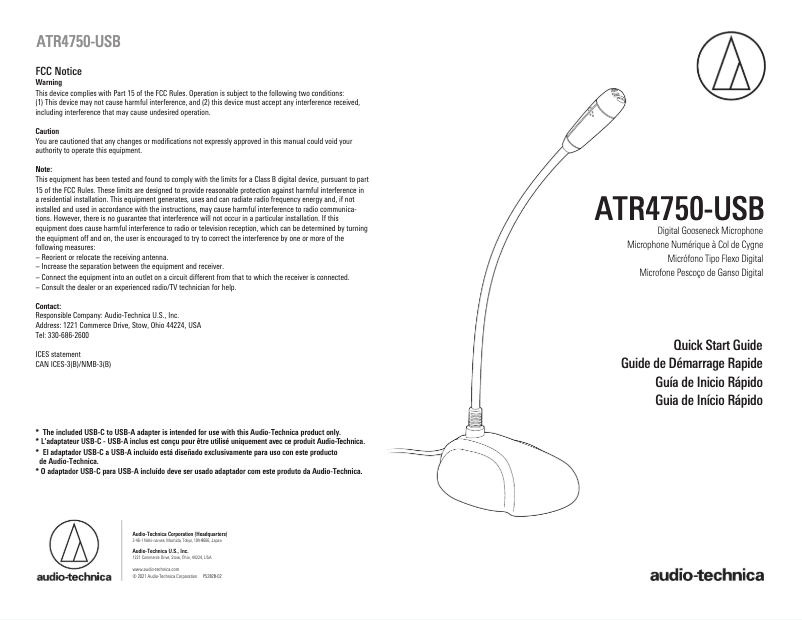 Page 1 of the manual Quick Start Guide Audio-Technica ATR4750-USB
