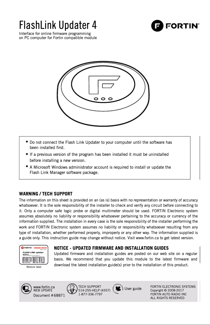 Page 1 de la notice Manuel utilisateur Fortin FLASHLINK