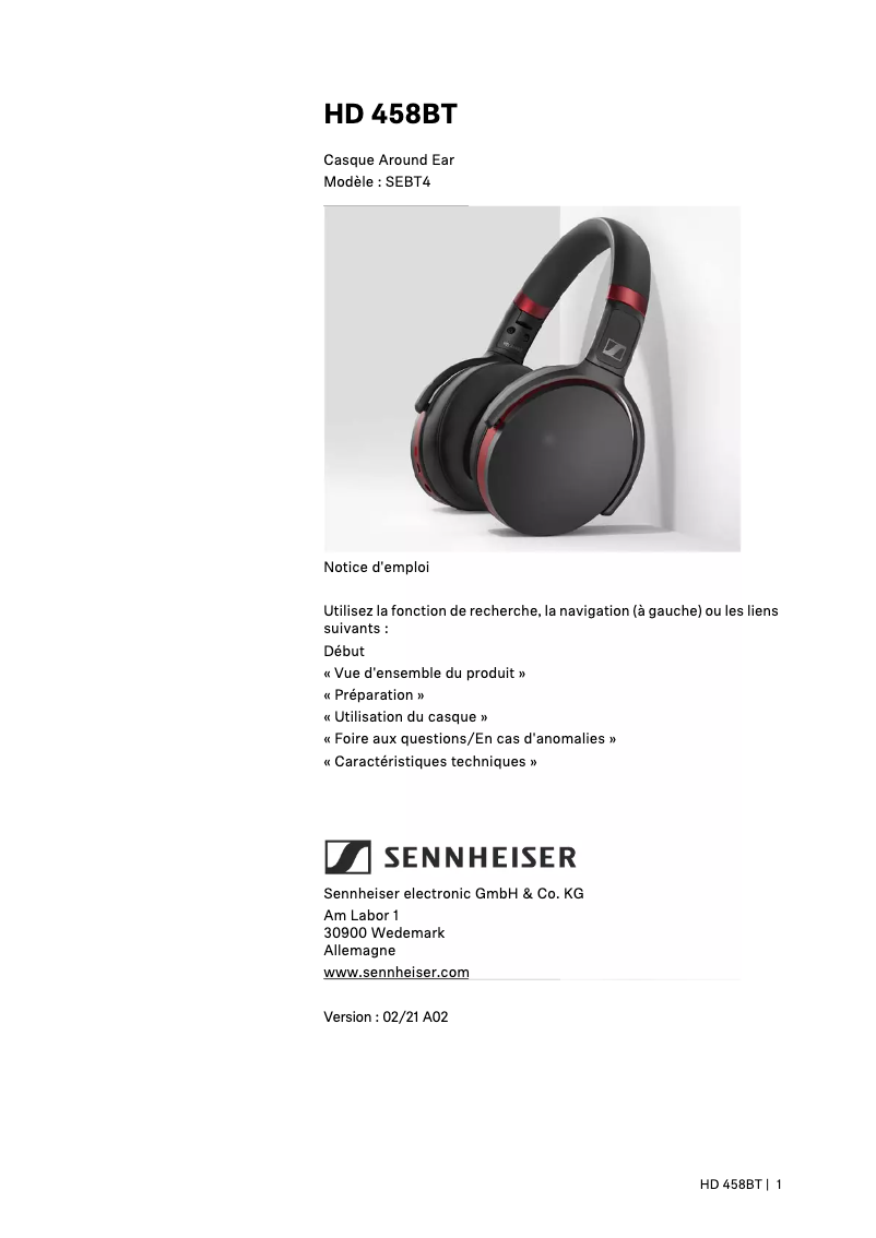 Page 1 of the manual User Manual Sennheiser HD 458BT