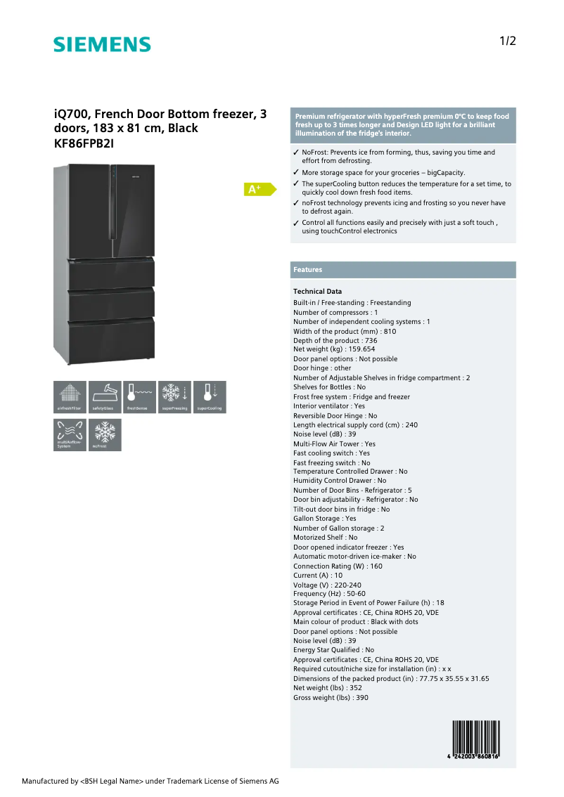 Page 1 de la notice Fiche technique Siemens KF86FPB2I