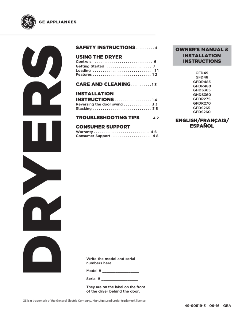 Página 1 del manual Manual de usuario GE GFD49