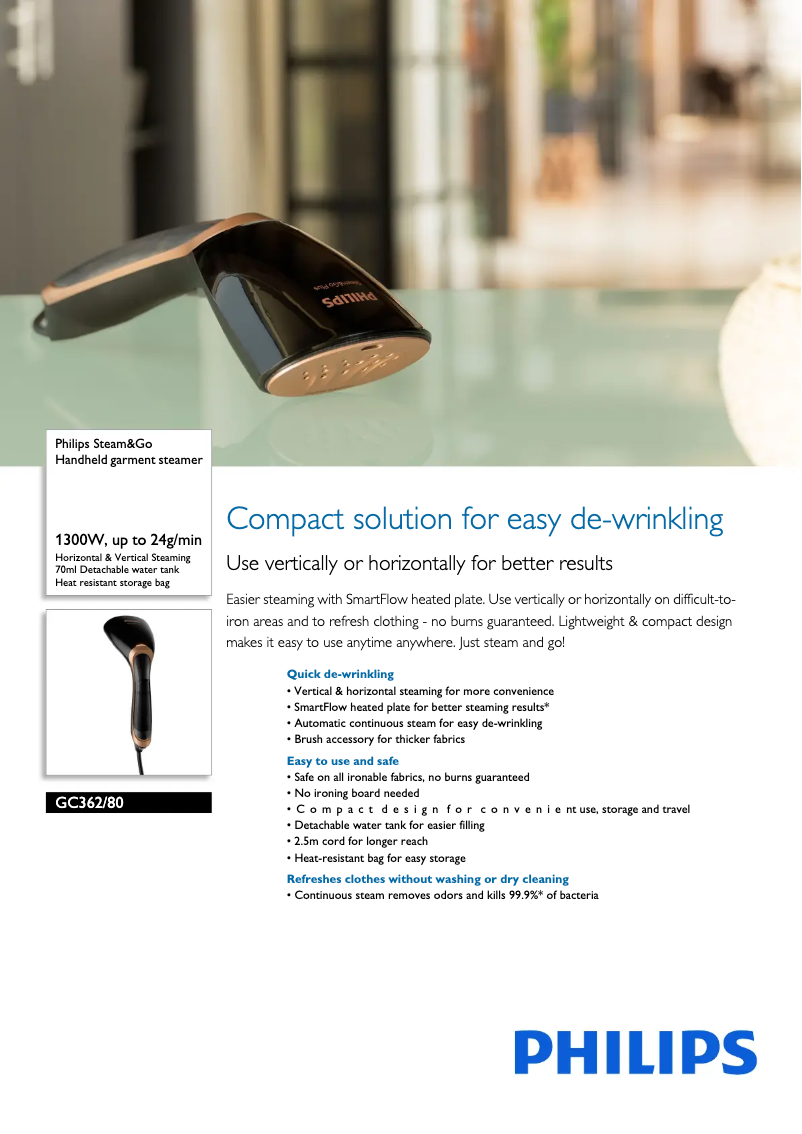 Page 1 de la notice Fiche technique Philips Steam&Go GC362
