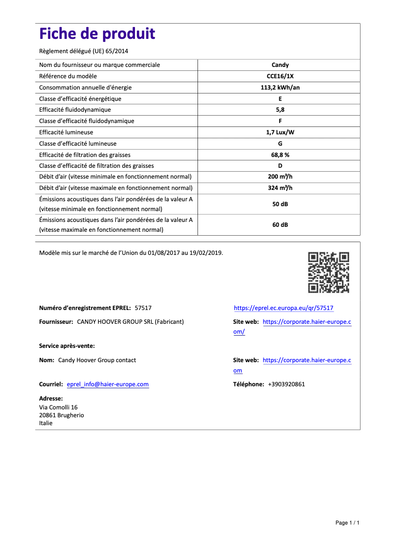 Page 1 de la notice Manuel utilisateur Candy CCE16/1X
