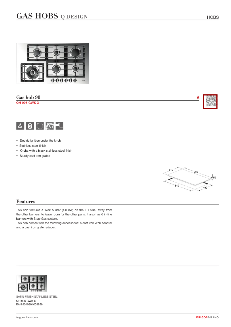 Page 1 de la notice Fiche technique Fulgor Milano QH 906 G WK X
