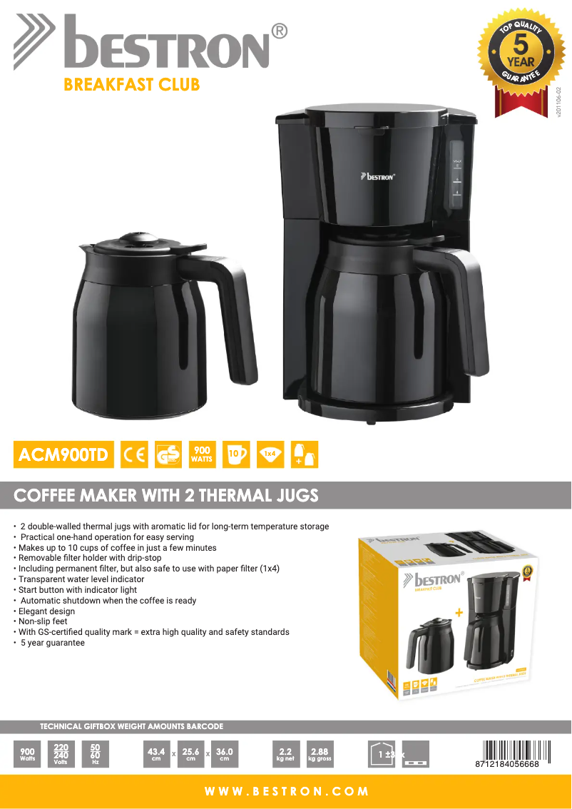 Page 1 de la notice Fiche technique Bestron ACM900TD