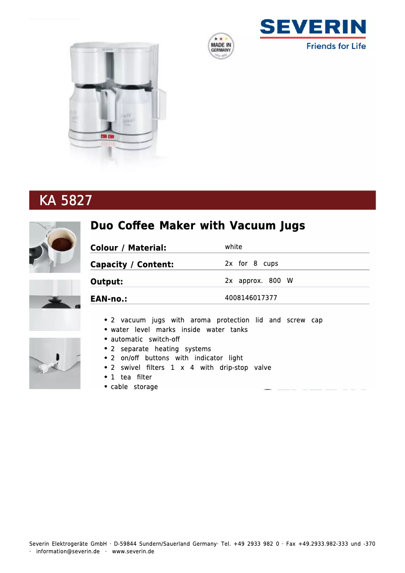 Page 1 de la notice Fiche technique Severin KA 5827