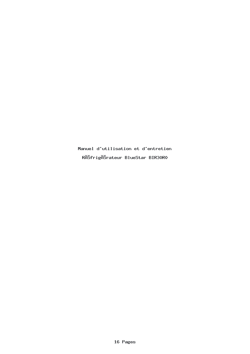Page 1 de la notice Manuel d'utilisation et d'entretien BlueStar BIR30R0